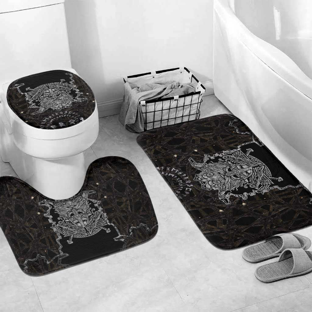 Viking Elder and Helm of Awe Norse Mythology Bathroom Set Monochrome Rune Engraving Style