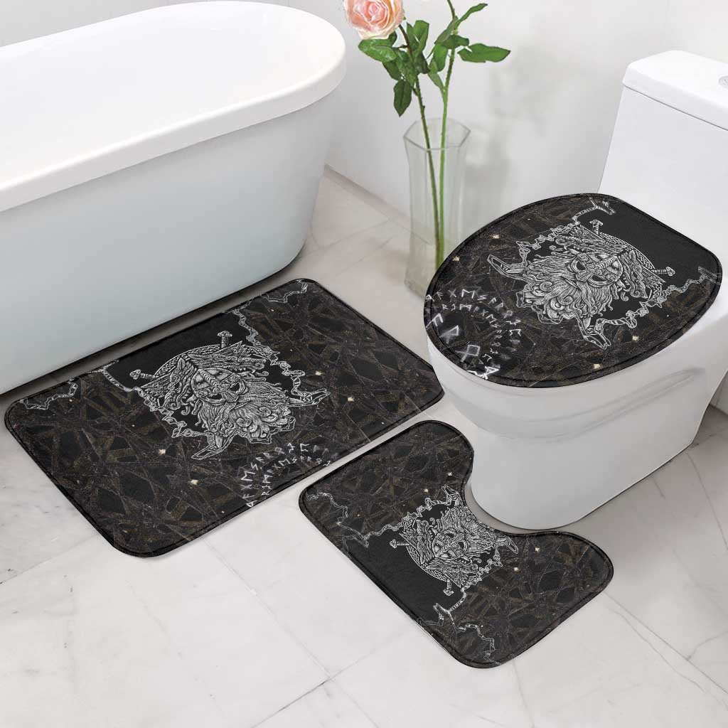 Viking Elder and Helm of Awe Norse Mythology Bathroom Set Monochrome Rune Engraving Style