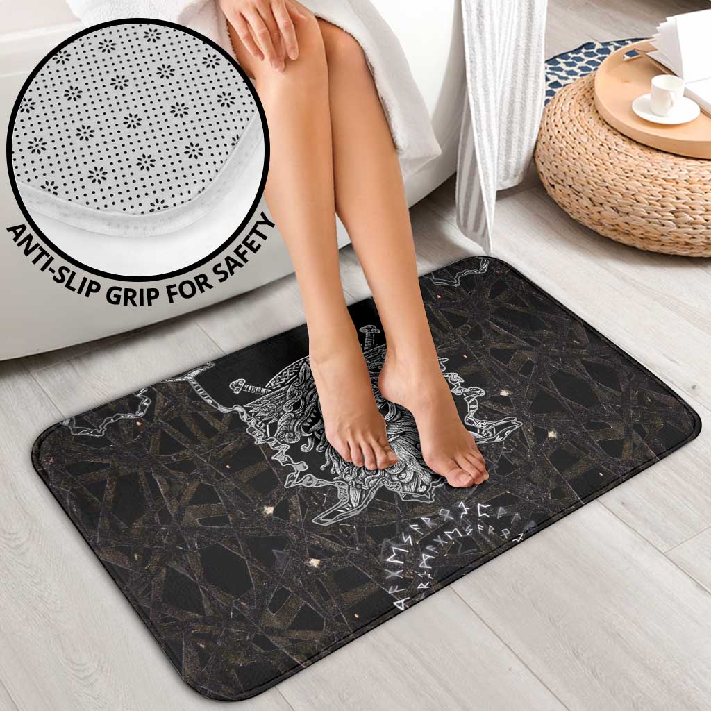 Viking Elder and Helm of Awe Norse Mythology Bathroom Set Monochrome Rune Engraving Style