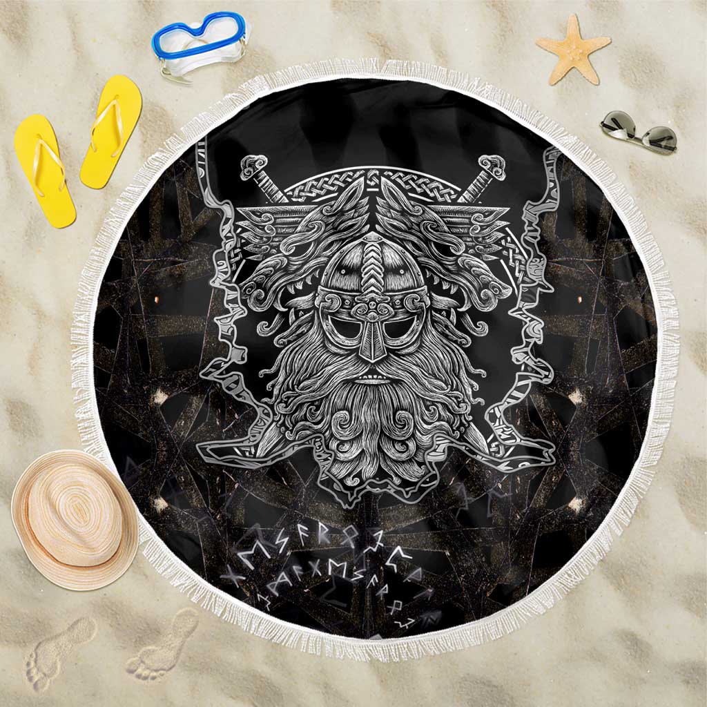 Viking Elder and Helm of Awe Norse Mythology Beach Blanket Monochrome Rune Engraving Style