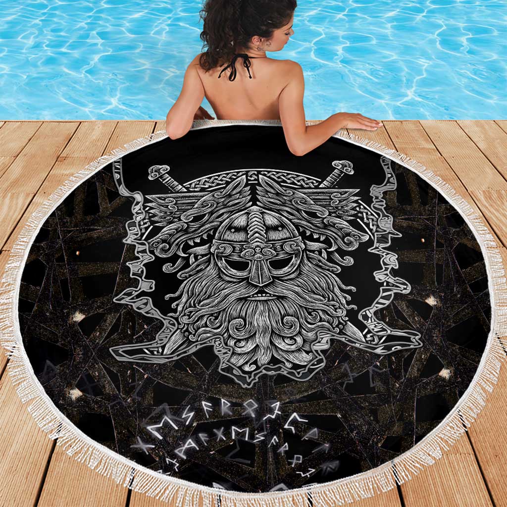 Viking Elder and Helm of Awe Norse Mythology Beach Blanket Monochrome Rune Engraving Style