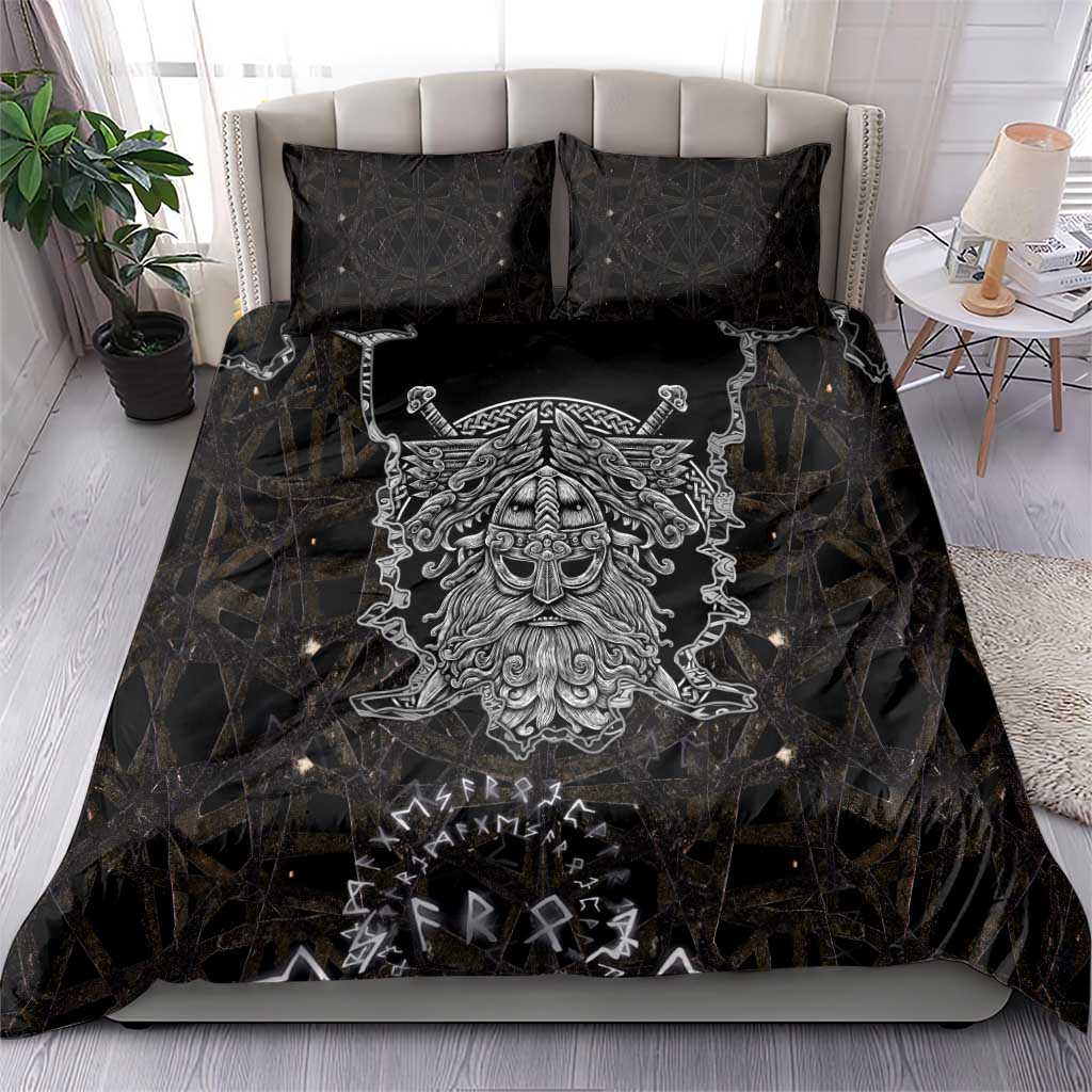 Viking Elder and Helm of Awe Norse Mythology Bedding Set Monochrome Rune Engraving Style