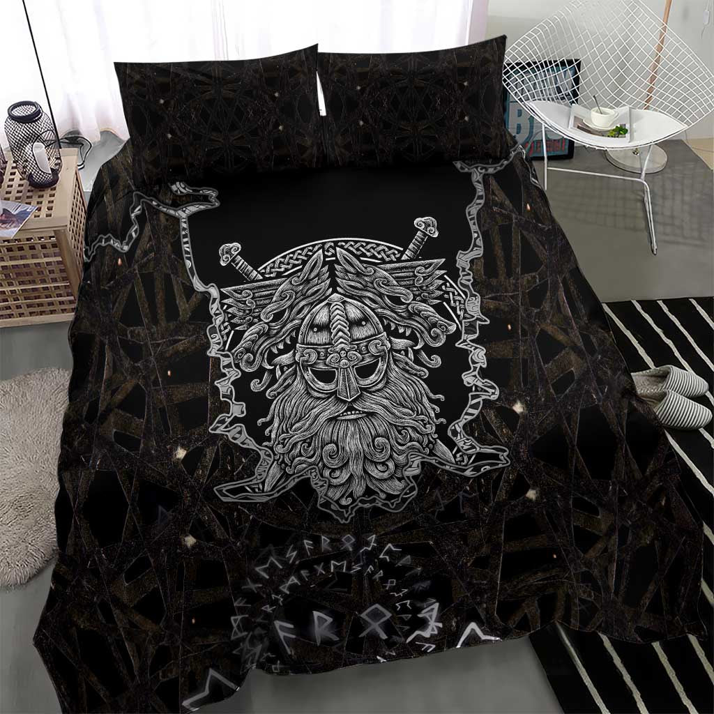 Viking Elder and Helm of Awe Norse Mythology Bedding Set Monochrome Rune Engraving Style