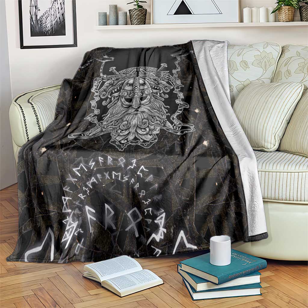 Viking Elder and Helm of Awe Norse Mythology Blanket Monochrome Rune Engraving Style