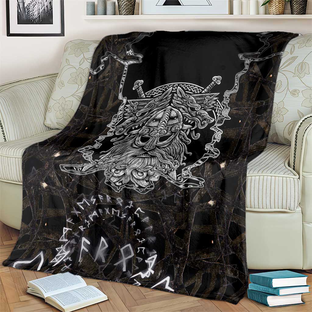 Viking Elder and Helm of Awe Norse Mythology Blanket Monochrome Rune Engraving Style