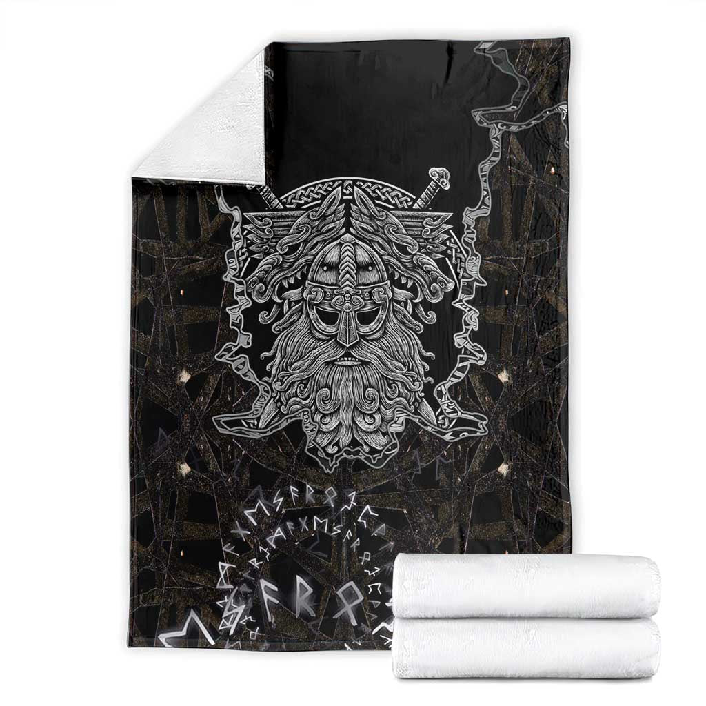 Viking Elder and Helm of Awe Norse Mythology Blanket Monochrome Rune Engraving Style