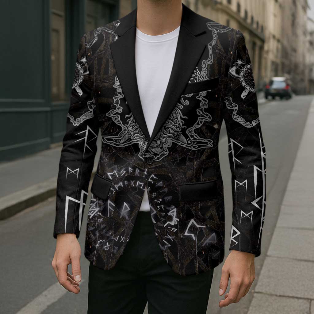 Viking Elder and Helm of Awe Norse Mythology Blazer Monochrome Rune Engraving Style
