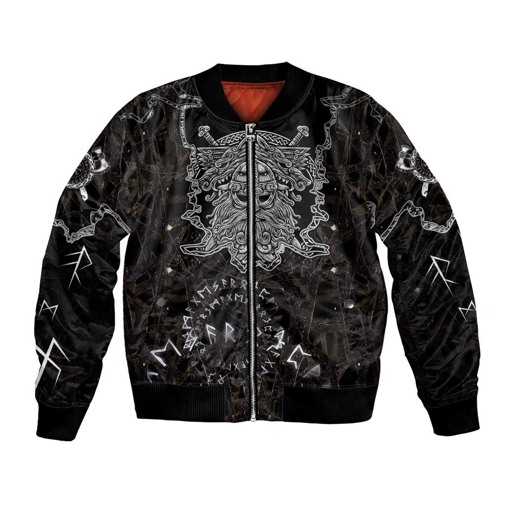 Viking Elder and Helm of Awe Norse Mythology Bomber Jacket Monochrome Rune Engraving Style