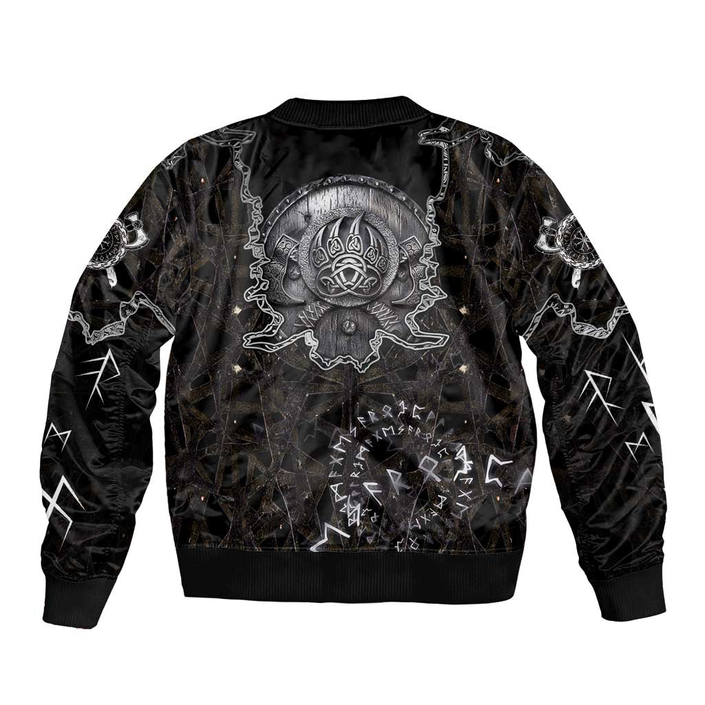 Viking Elder and Helm of Awe Norse Mythology Bomber Jacket Monochrome Rune Engraving Style