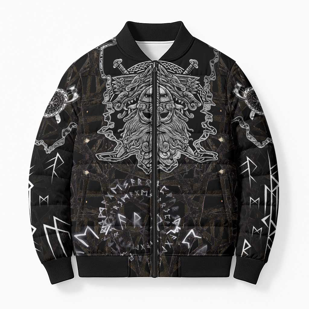 Viking Elder and Helm of Awe Norse Mythology Bomber Puffer Jacket Monochrome Rune Engraving Style