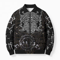 Viking Elder and Helm of Awe Norse Mythology Bomber Puffer Jacket Monochrome Rune Engraving Style