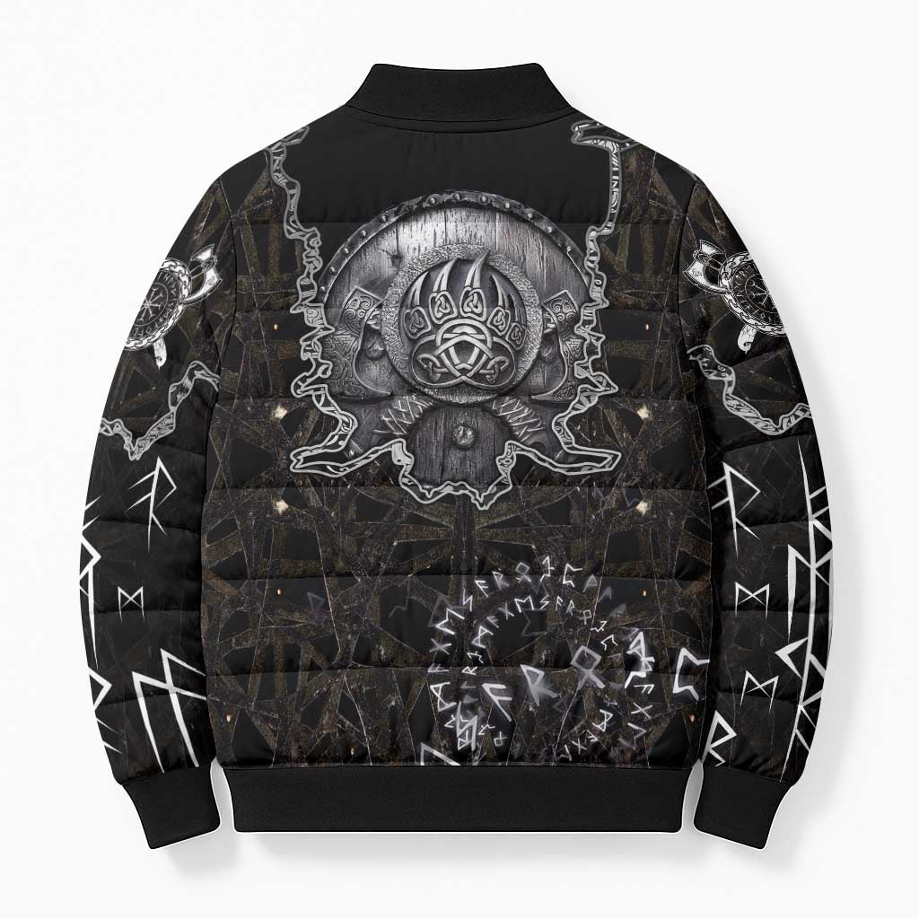 Viking Elder and Helm of Awe Norse Mythology Bomber Puffer Jacket Monochrome Rune Engraving Style