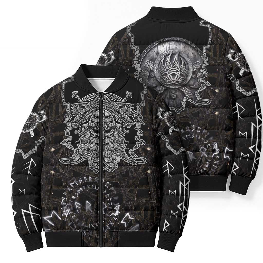 Viking Elder and Helm of Awe Norse Mythology Bomber Puffer Jacket Monochrome Rune Engraving Style