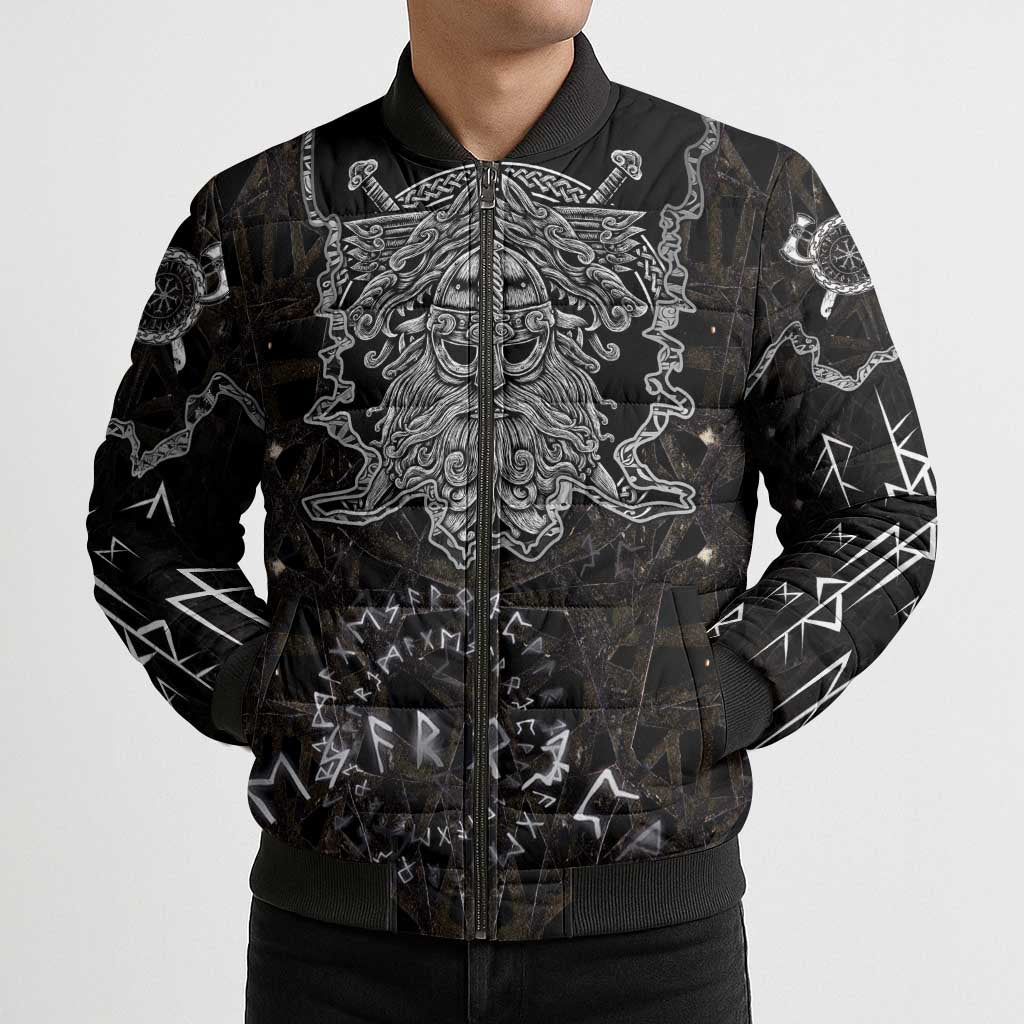 Viking Elder and Helm of Awe Norse Mythology Bomber Puffer Jacket Monochrome Rune Engraving Style