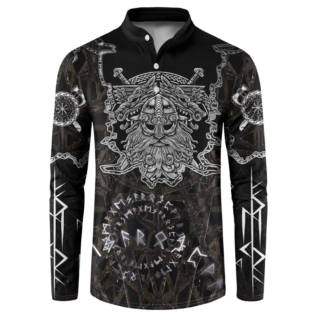 Viking Elder and Helm of Awe Norse Mythology Button Sweatshirt Monochrome Rune Engraving Style