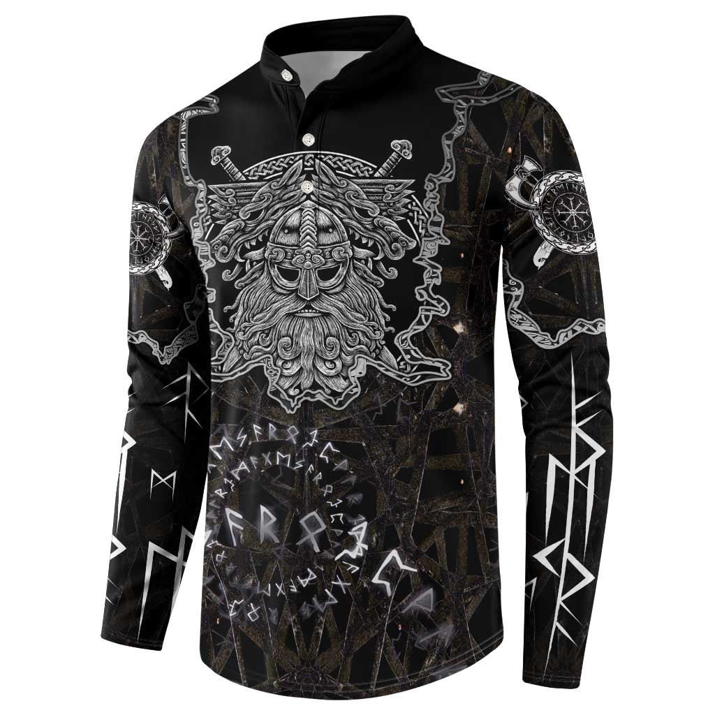 Viking Elder and Helm of Awe Norse Mythology Button Sweatshirt Monochrome Rune Engraving Style