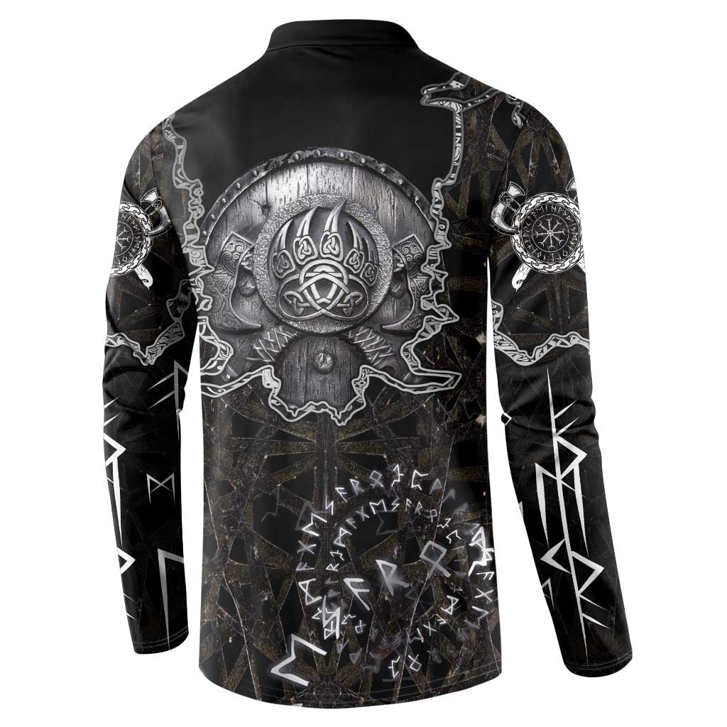 Viking Elder and Helm of Awe Norse Mythology Button Sweatshirt Monochrome Rune Engraving Style