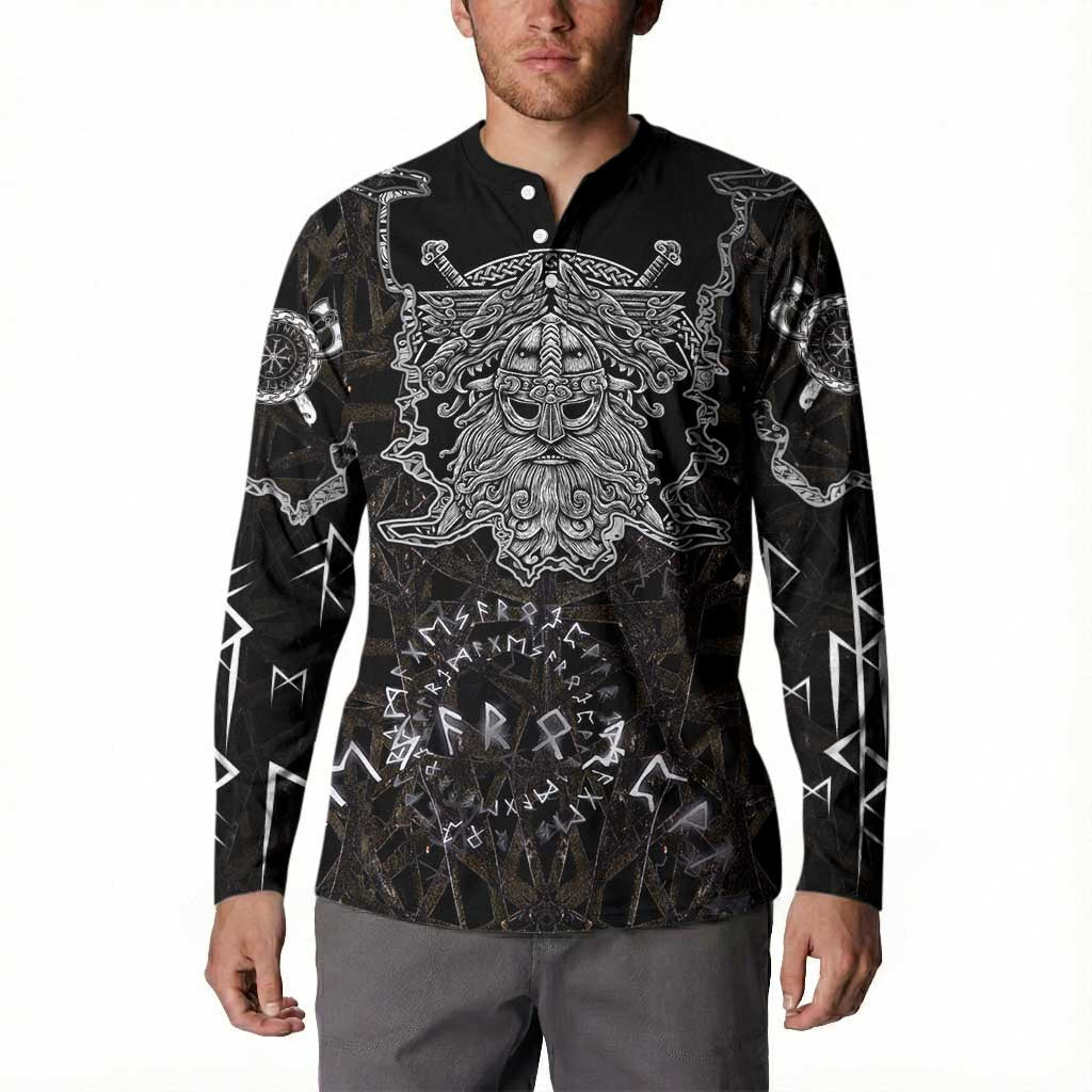 Viking Elder and Helm of Awe Norse Mythology Button Sweatshirt Monochrome Rune Engraving Style
