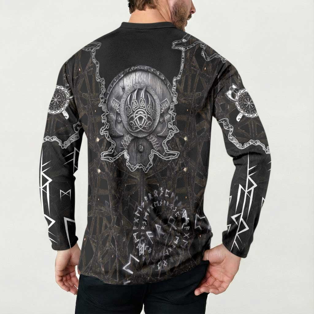 Viking Elder and Helm of Awe Norse Mythology Button Sweatshirt Monochrome Rune Engraving Style
