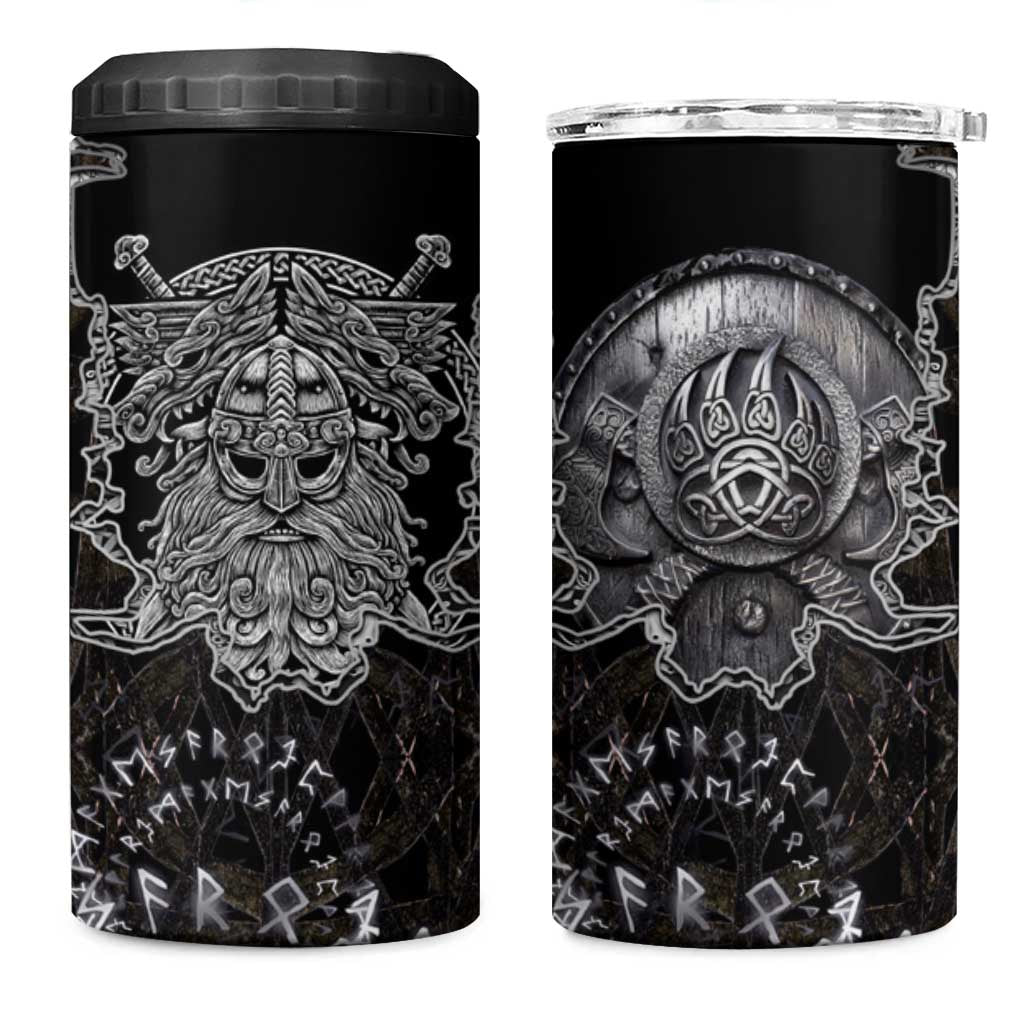 Viking Elder and Helm of Awe Norse Mythology 4 in 1 Can Cooler Tumbler Monochrome Rune Engraving Style