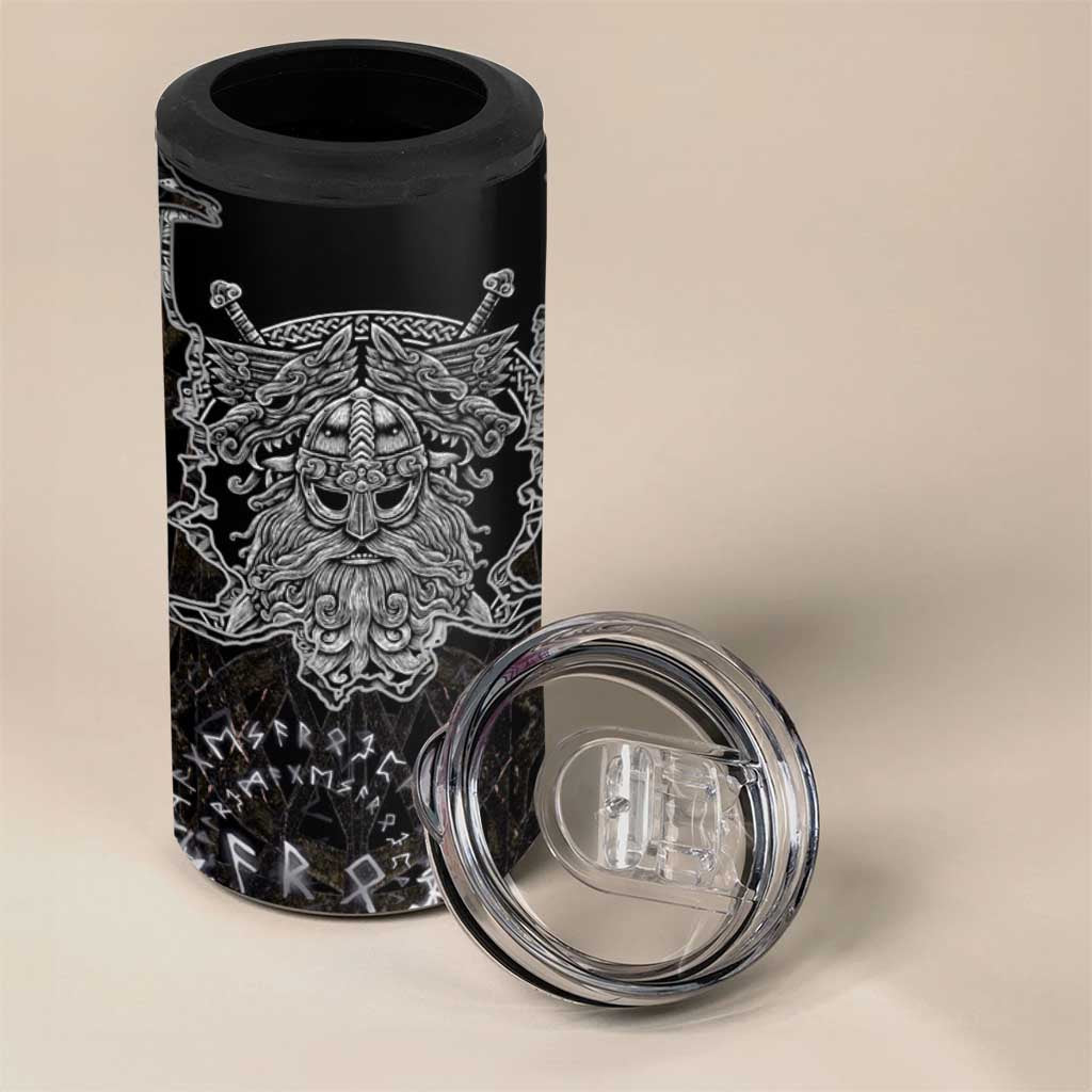 Viking Elder and Helm of Awe Norse Mythology 4 in 1 Can Cooler Tumbler Monochrome Rune Engraving Style