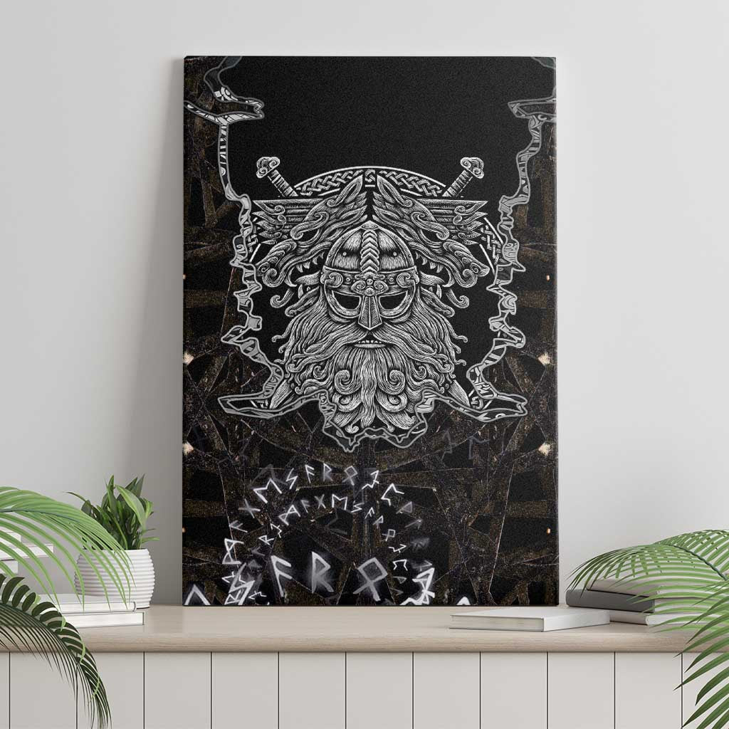 Viking Elder and Helm of Awe Norse Mythology Canvas Wall Art Monochrome Rune Engraving Style