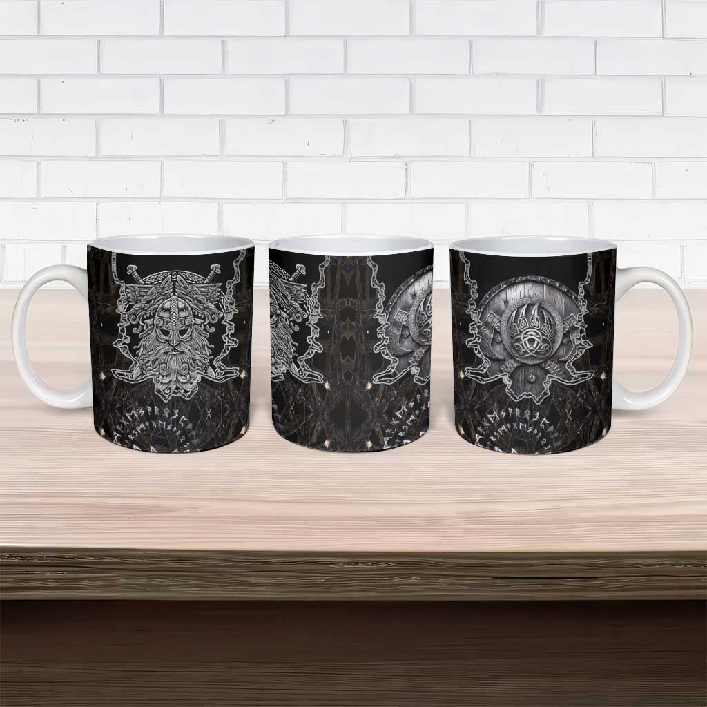 Viking Elder and Helm of Awe Norse Mythology Ceramic Mug Monochrome Rune Engraving Style