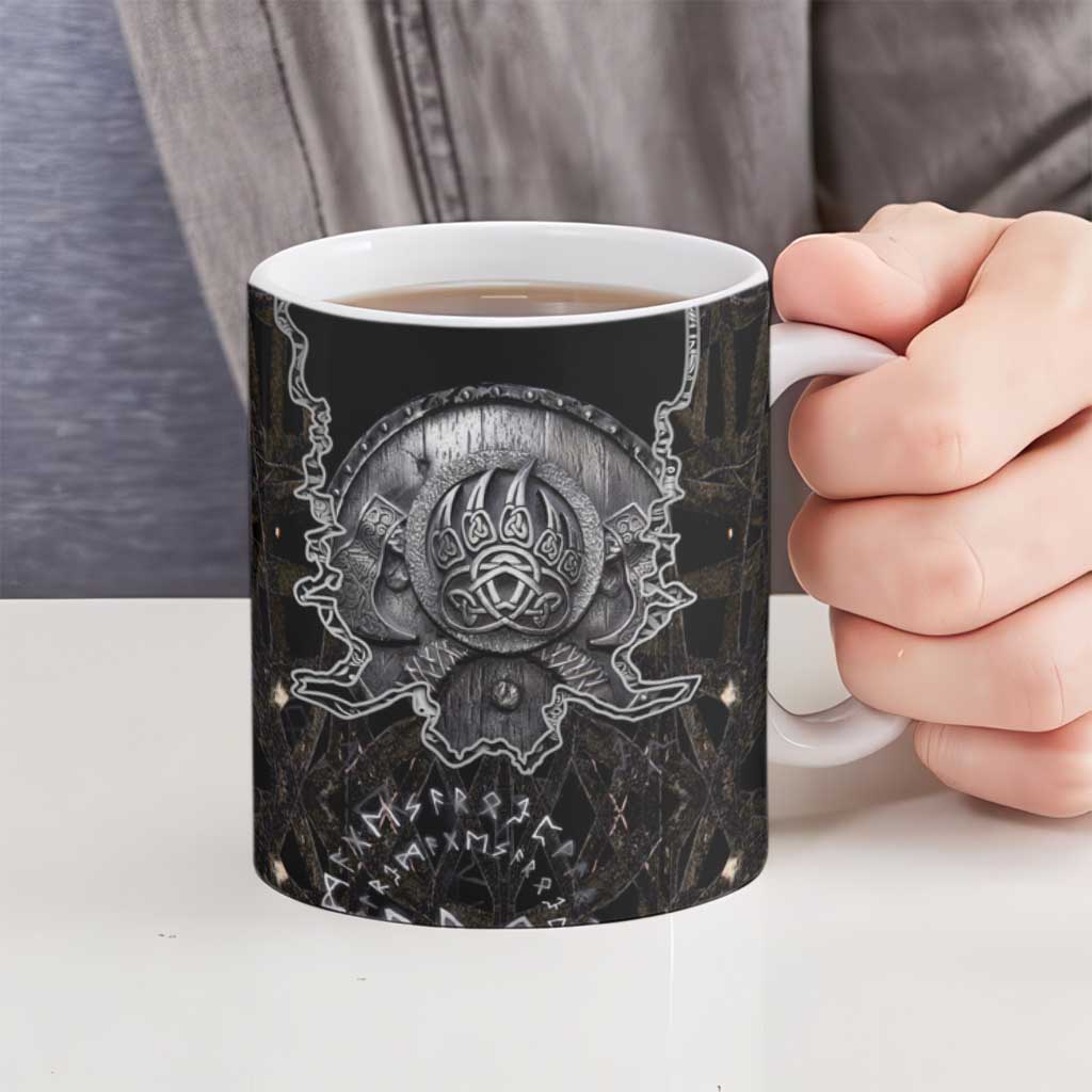 Viking Elder and Helm of Awe Norse Mythology Ceramic Mug Monochrome Rune Engraving Style