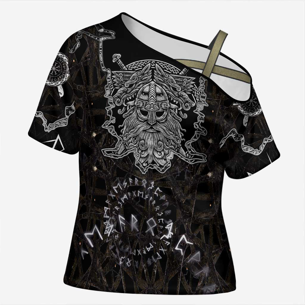 Viking Elder and Helm of Awe Norse Mythology Cross Shoulder Shirt Monochrome Rune Engraving Style