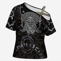 Viking Elder and Helm of Awe Norse Mythology Cross Shoulder Shirt Monochrome Rune Engraving Style