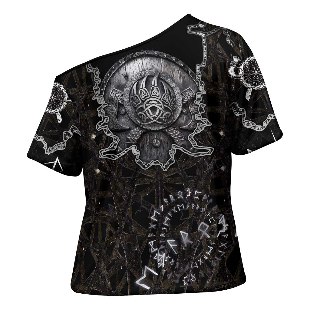 Viking Elder and Helm of Awe Norse Mythology Cross Shoulder Shirt Monochrome Rune Engraving Style