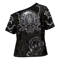 Viking Elder and Helm of Awe Norse Mythology Cross Shoulder Shirt Monochrome Rune Engraving Style