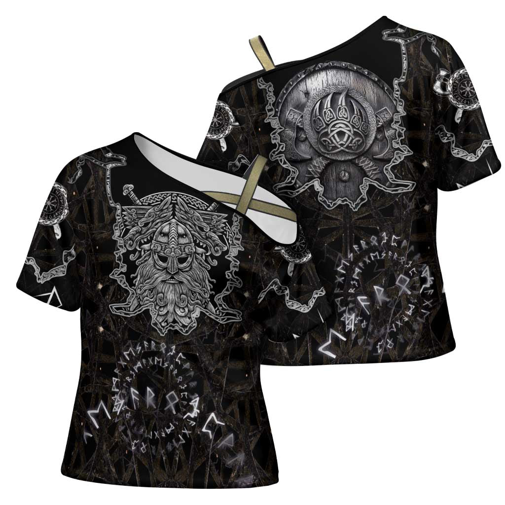 Viking Elder and Helm of Awe Norse Mythology Cross Shoulder Shirt Monochrome Rune Engraving Style