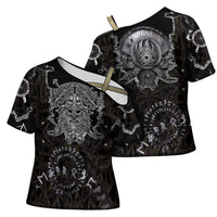 Viking Elder and Helm of Awe Norse Mythology Cross Shoulder Shirt Monochrome Rune Engraving Style