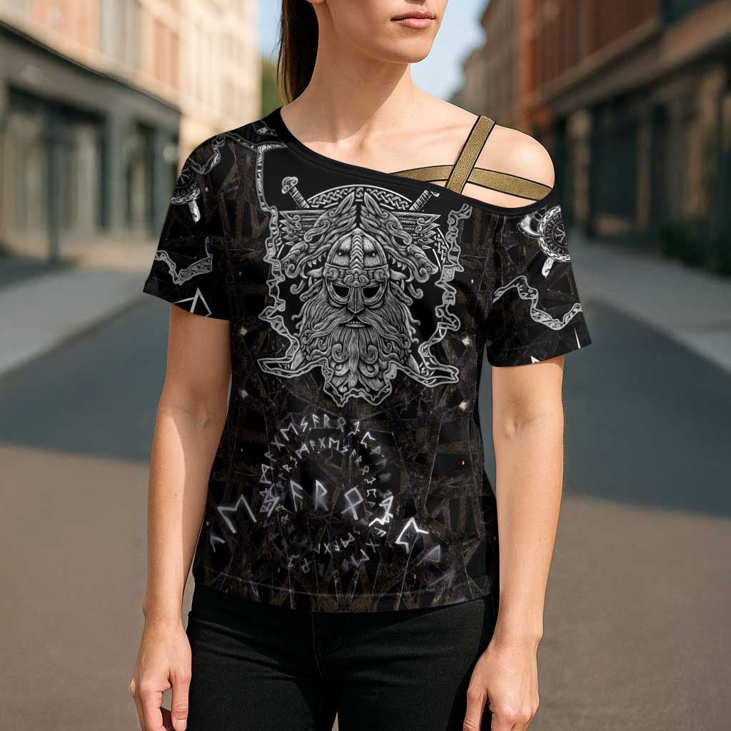 Viking Elder and Helm of Awe Norse Mythology Cross Shoulder Shirt Monochrome Rune Engraving Style