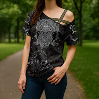 Viking Elder and Helm of Awe Norse Mythology Cross Shoulder Shirt Monochrome Rune Engraving Style