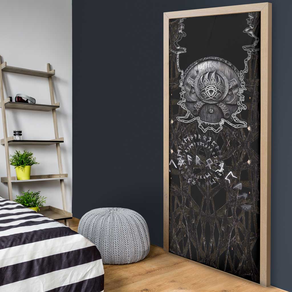 Viking Elder and Helm of Awe Norse Mythology Door Cover Monochrome Rune Engraving Style
