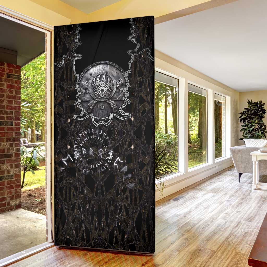 Viking Elder and Helm of Awe Norse Mythology Door Cover Monochrome Rune Engraving Style