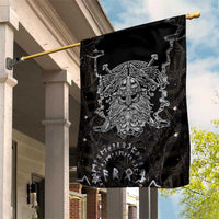 Viking Elder and Helm of Awe Norse Mythology Garden Flag Monochrome Rune Engraving Style