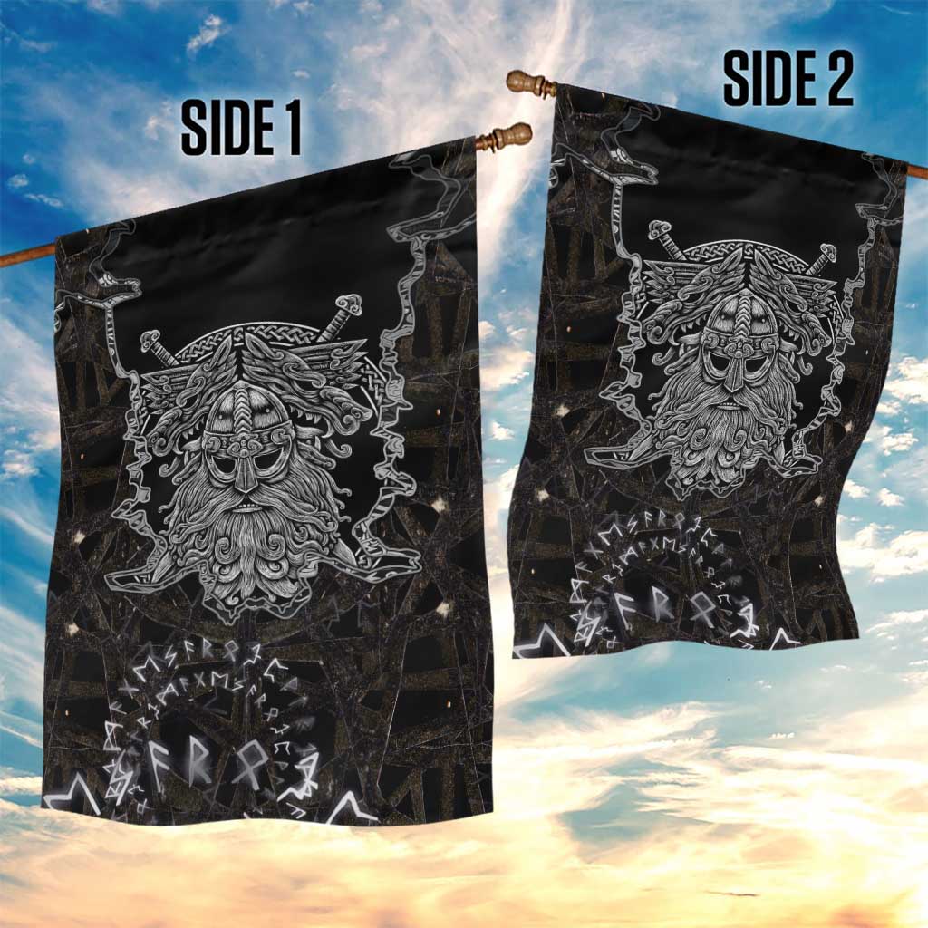 Viking Elder and Helm of Awe Norse Mythology Garden Flag Monochrome Rune Engraving Style