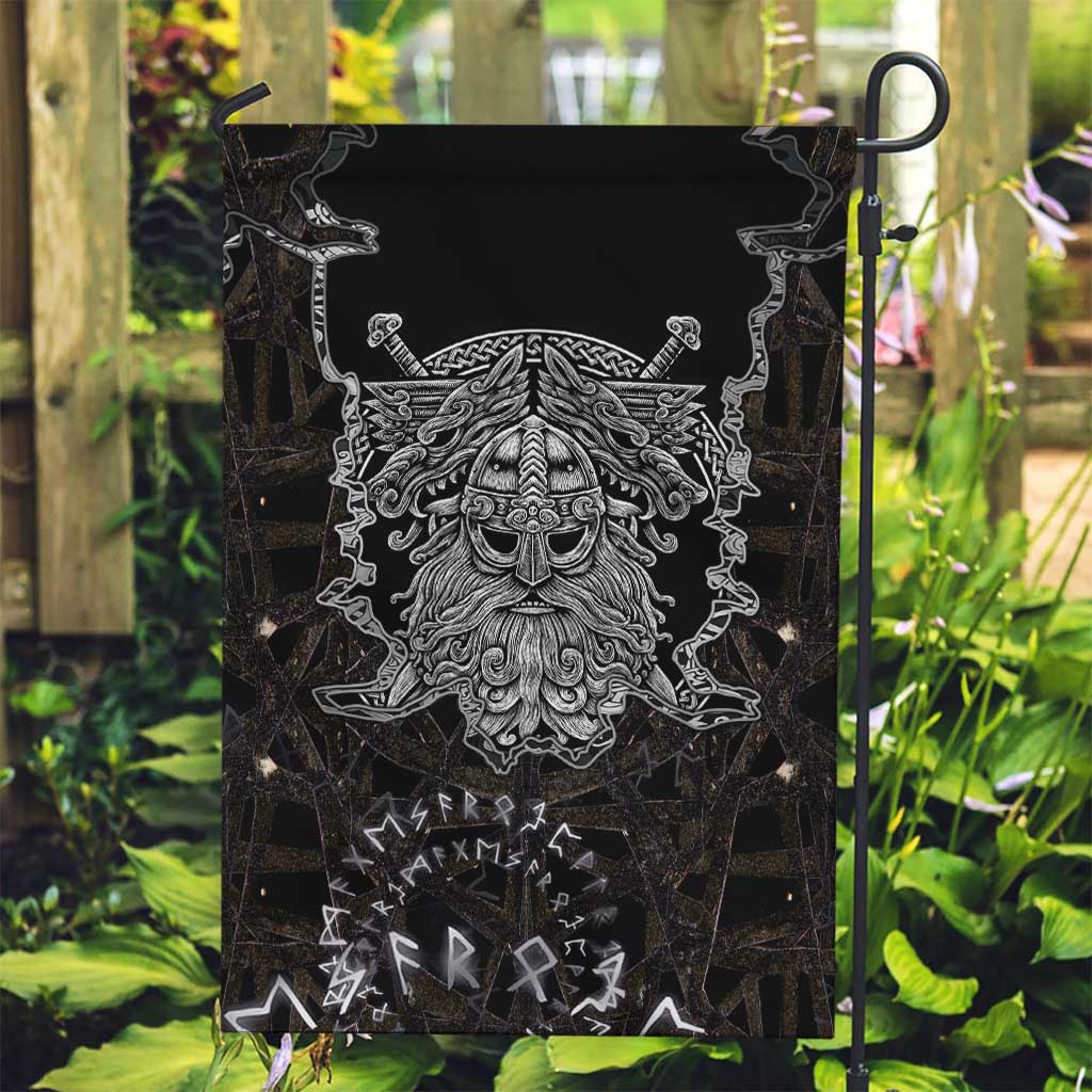Viking Elder and Helm of Awe Norse Mythology Garden Flag Monochrome Rune Engraving Style
