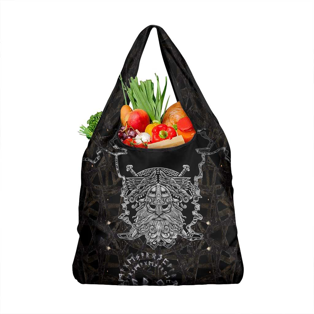 Viking Elder and Helm of Awe Norse Mythology Grocery Bag Monochrome Rune Engraving Style