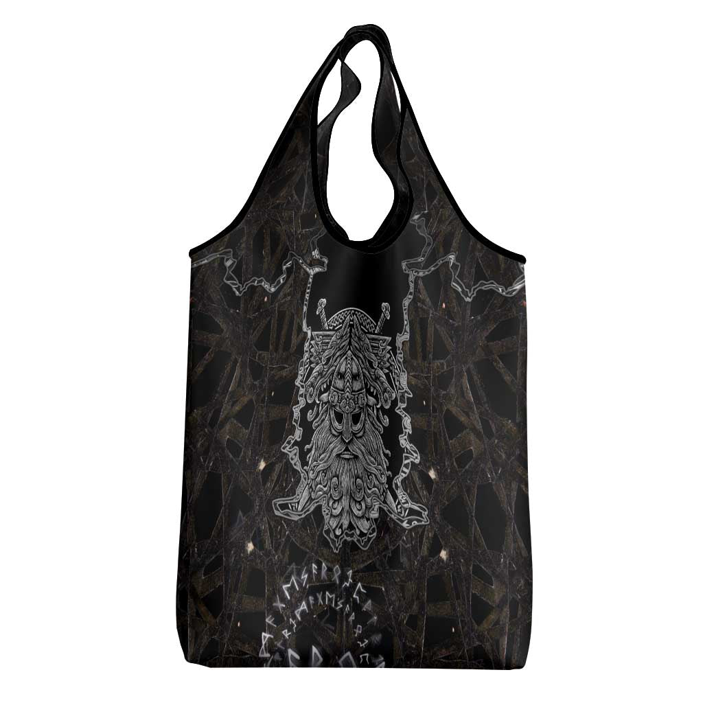 Viking Elder and Helm of Awe Norse Mythology Grocery Bag Monochrome Rune Engraving Style