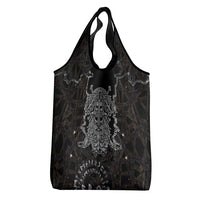 Viking Elder and Helm of Awe Norse Mythology Grocery Bag Monochrome Rune Engraving Style