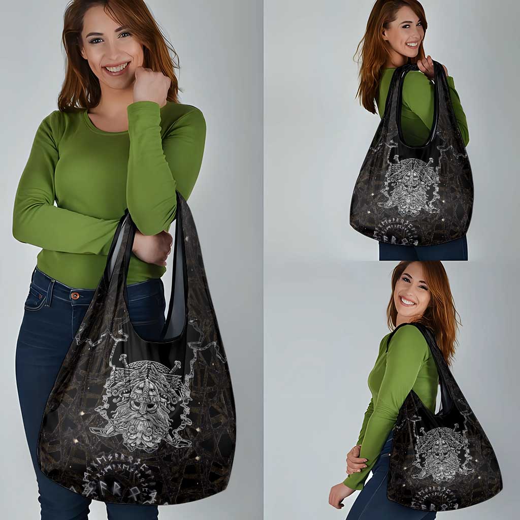Viking Elder and Helm of Awe Norse Mythology Grocery Bag Monochrome Rune Engraving Style