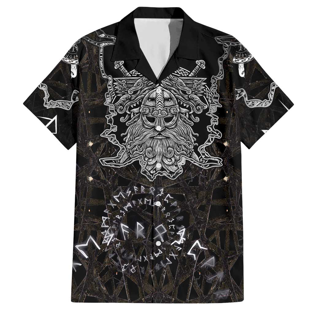 Viking Elder and Helm of Awe Norse Mythology Hawaiian Shirt Monochrome Rune Engraving Style