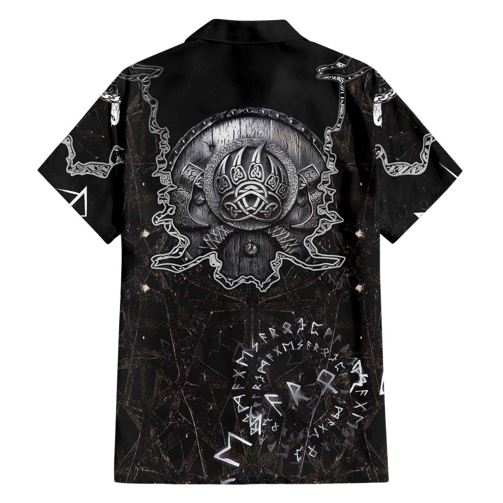 Viking Elder and Helm of Awe Norse Mythology Hawaiian Shirt Monochrome Rune Engraving Style