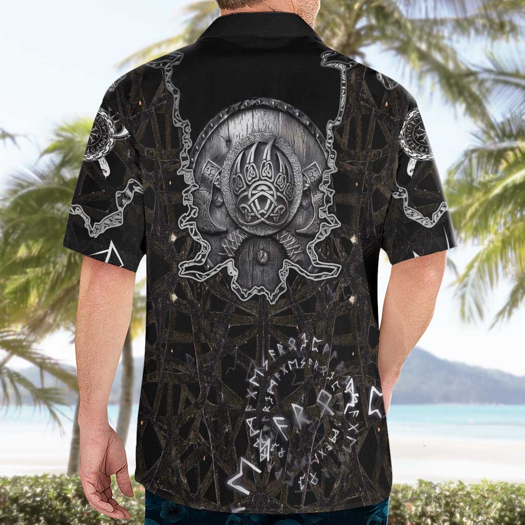 Viking Elder and Helm of Awe Norse Mythology Hawaiian Shirt Monochrome Rune Engraving Style