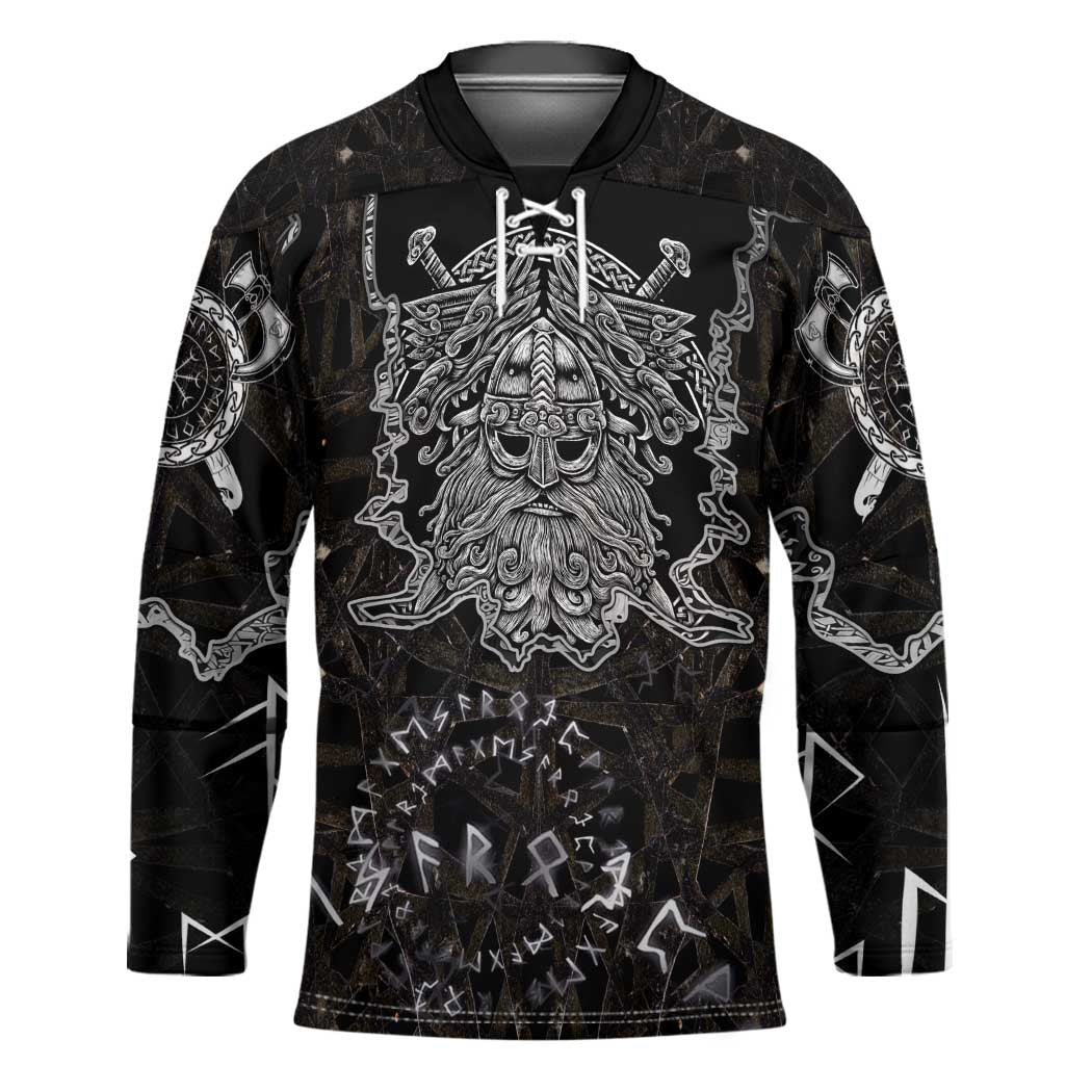Viking Elder and Helm of Awe Norse Mythology Hockey Jersey Monochrome Rune Engraving Style