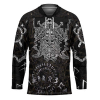 Viking Elder and Helm of Awe Norse Mythology Hockey Jersey Monochrome Rune Engraving Style